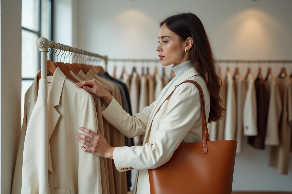 Jeune femme élégante parcourant les dernières tendances mode dans une boutique parisienne contemporaine