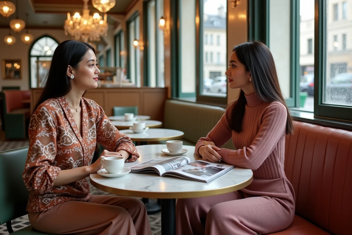 Deux femmes stylées discutant des dernières tendances mode autour d'un café dans un bistrot parisien élégant