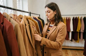 Femme élégante en manteau camel qui fait du shopping dans une boutique de mode moderne aux tons automnaux