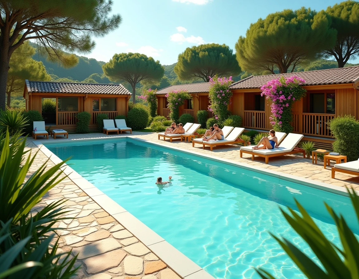 Camping Yelloh Village haut de gamme avec piscine lagon, lodges en bois et aménagements paysagers luxuriants